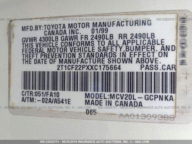 2T1CF22PXXC175664 - 1999 TOYOTA CAMRY SOLARA SE/SLE თეთრი ფოტო 9