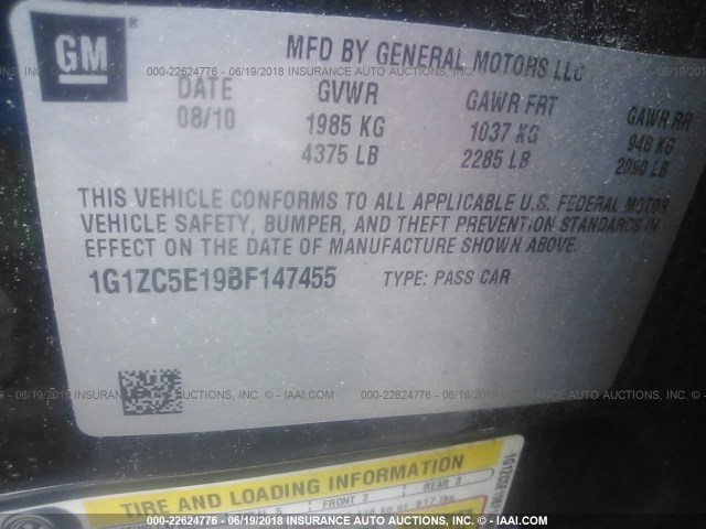 1G1ZC5E19BF147455 - 2011 CHEVROLET MALIBU 1LT შავი ფოტო 9