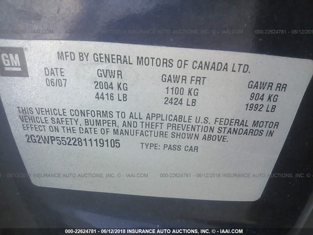 2G2WP552281119105 - 2008 PONTIAC GRAND PRIX BLUE photo 9