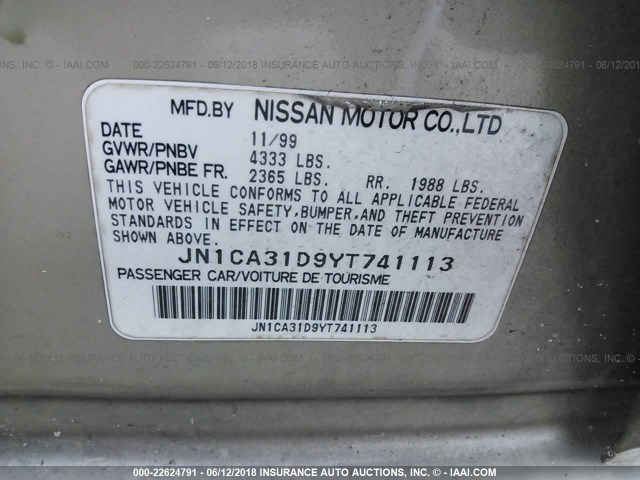 JN1CA31D9YT741113 - 2000 NISSAN MAXIMA GLE/GXE/SE GOLD photo 9