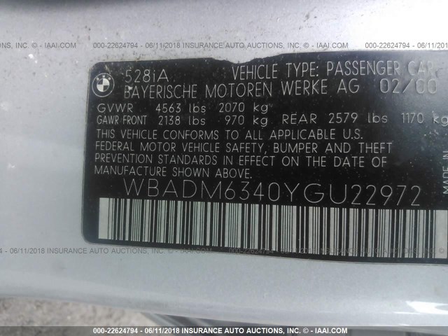 WBADM6340YGU22972 - 2000 BMW 528 I AUTOMATIC SILVER photo 9