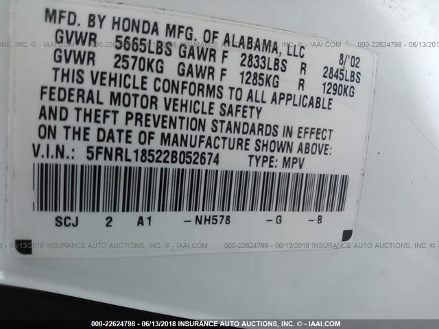 5FNRL18522B052674 - 2002 HONDA ODYSSEY LX WHITE photo 9