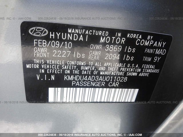 KMHDU4AD3AU011028 - 2010 HYUNDAI ELANTRA BLUE/GLS/SE GRAY photo 9