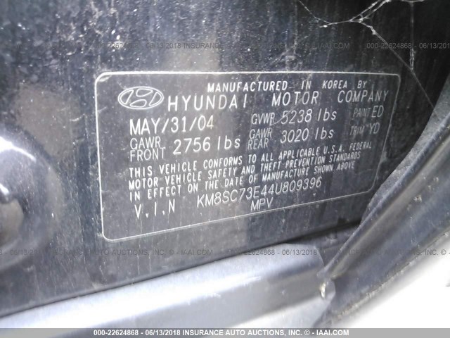 KM8SC73E44U809396 - 2004 HYUNDAI SANTA FE GLS/LX BLACK photo 9