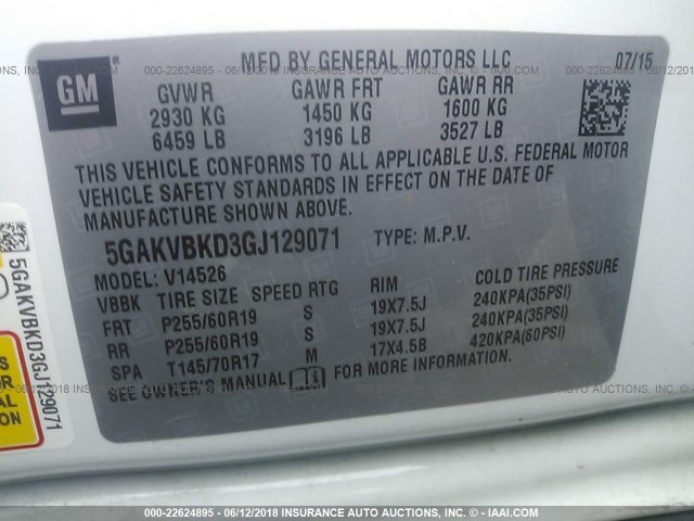 5GAKVBKD3GJ129071 - 2016 BUICK ENCLAVE WHITE photo 9