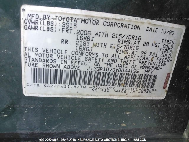 JT3GP10V9Y0044199 - 2000 TOYOTA RAV4 მწვანე ფოტო 9