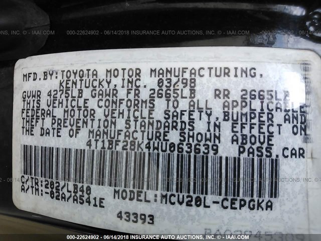 4T1BF28K4WU063639 - 1998 TOYOTA CAMRY CE/LE/XLE BLACK photo 9