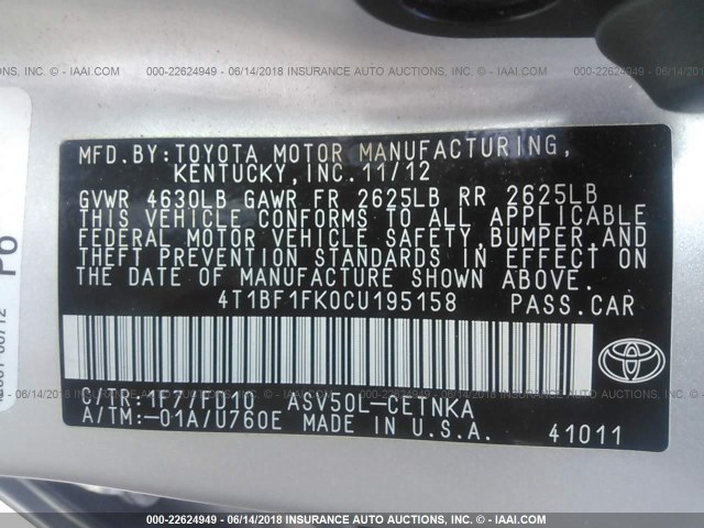 4T1BF1FK0CU195158 - 2012 TOYOTA CAMRY SE/LE/XLE SILVER photo 9