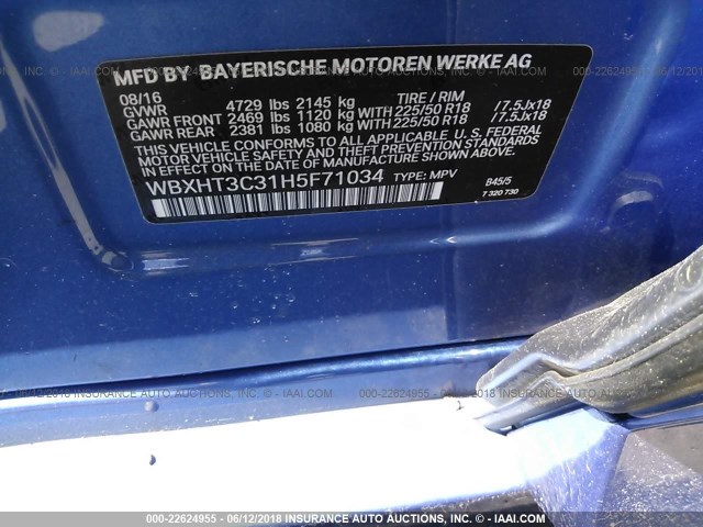 WBXHT3C31H5F71034 - 2017 BMW X1 XDRIVE28I BLUE photo 9
