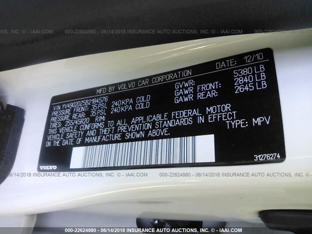 YV4902DZ5B2184576 - 2011 VOLVO XC60 T6 WHITE photo 9