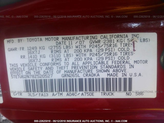 5TETU62N78Z520527 - 2008 TOYOTA TACOMA PRERUNNER ACCESS CAB RED photo 9
