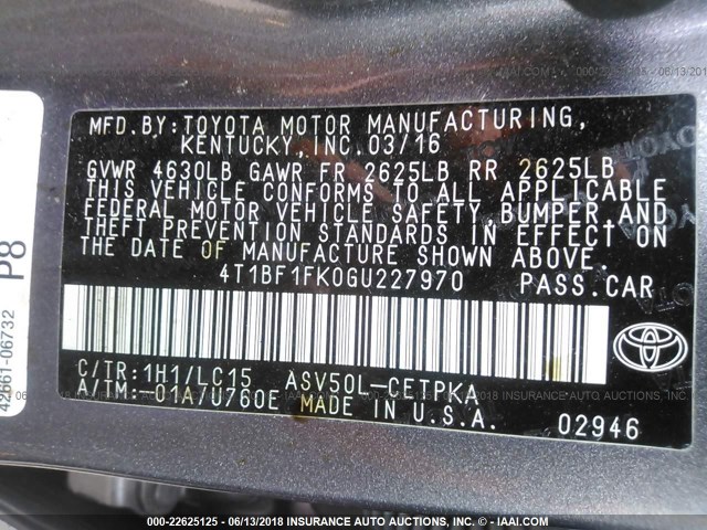 4T1BF1FK0GU227970 - 2016 TOYOTA CAMRY LE/XLE/SE/XSE 灰色 照片 9