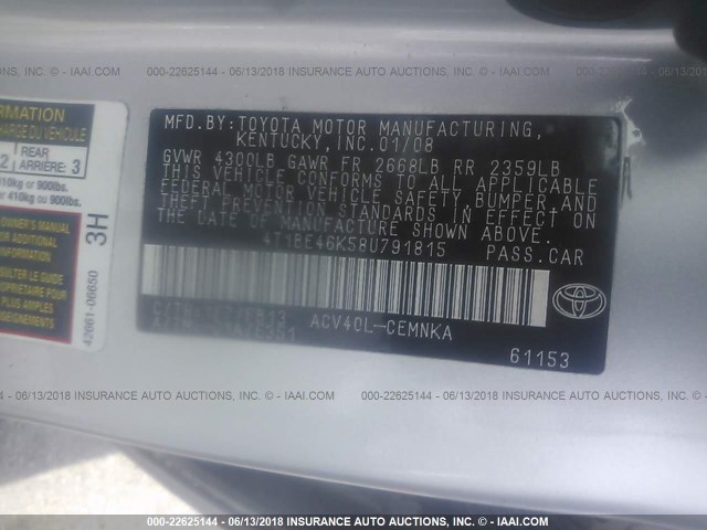 4T1BE46K58U791815 - 2008 TOYOTA CAMRY CE/LE/XLE/SE SILVER photo 9