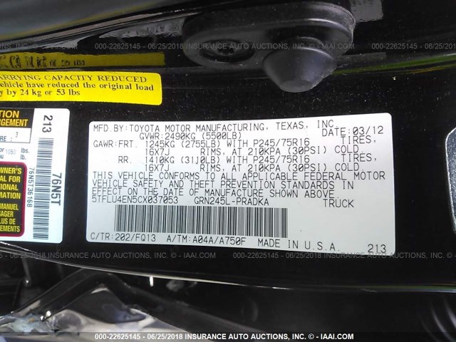 5TFLU4EN5CX037053 - 2012 TOYOTA TACOMA DOUBLE CAB 黑色 照片 9