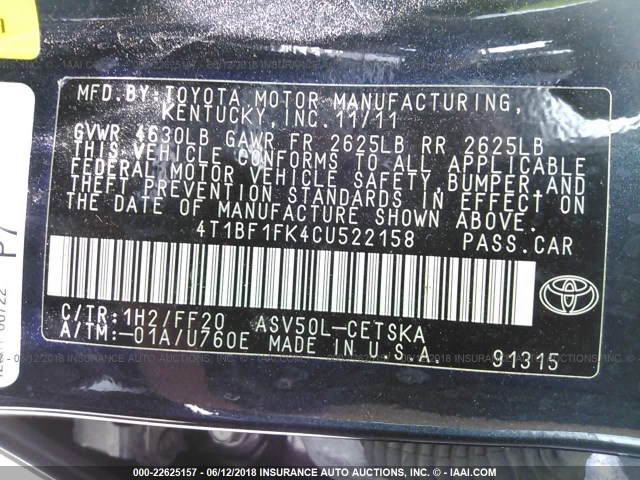 4T1BF1FK4CU522158 - 2012 TOYOTA CAMRY SE/LE/XLE 黑色 照片 9