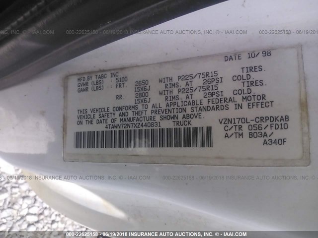 4TAWN72N7XZ440831 - 1999 TOYOTA TACOMA XTRACAB WHITE photo 9