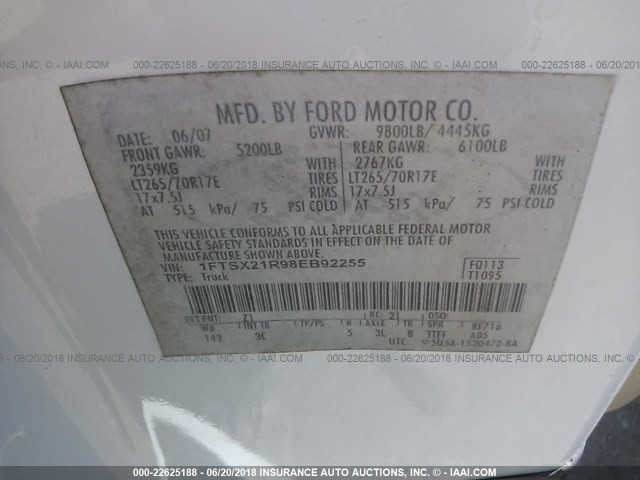 1FTSX21R98EB92255 - 2008 FORD F250 SUPER DUTY WHITE photo 9