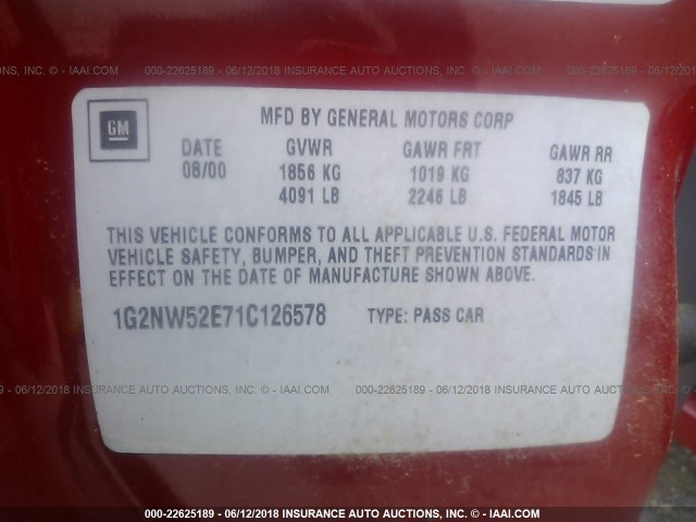 1G2NW52E71C126578 - 2001 PONTIAC GRAND AM GT RED photo 9