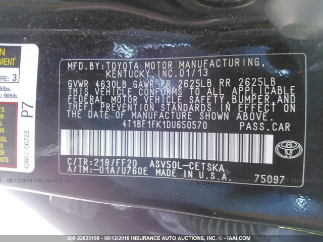 4T1BF1FK1DU650570 - 2013 TOYOTA CAMRY L/SE/LE/XLE 黑色 照片 9