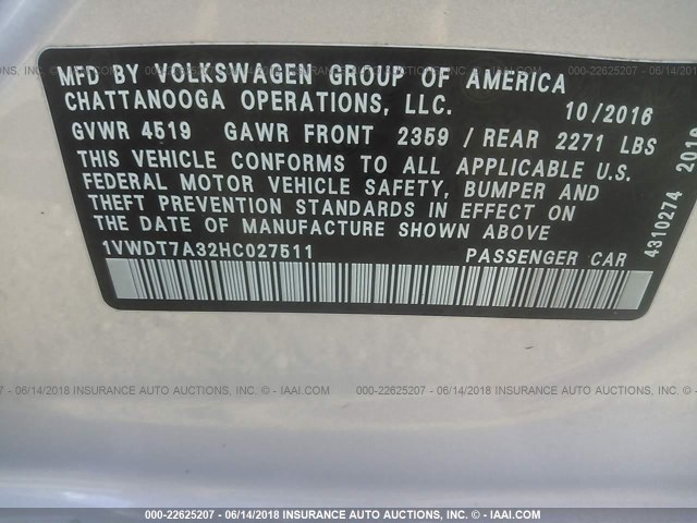 1VWDT7A32HC027511 - 2017 VOLKSWAGEN PASSAT R-LINE Gümüş foto 9
