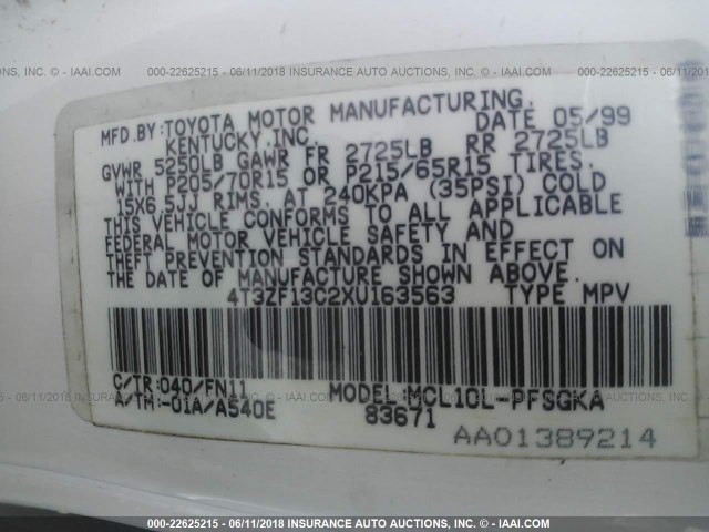 4T3ZF13C2XU163563 - 1999 TOYOTA SIENNA LE/XLE WHITE photo 9