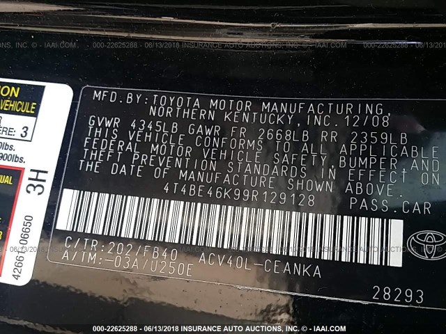 4T4BE46K99R129128 - 2009 TOYOTA CAMRY SE/LE/XLE შავი ფოტო 9