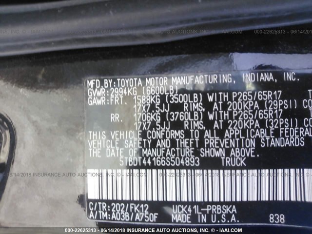 5TBDT44166S504893 - 2006 TOYOTA TUNDRA DOUBLE CAB SR5 BLACK photo 9