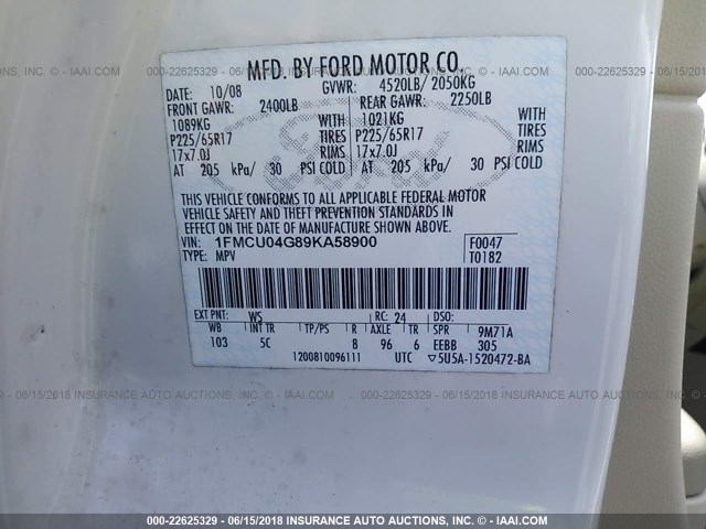 1FMCU04G89KA58900 - 2009 FORD ESCAPE LIMITED WHITE photo 9