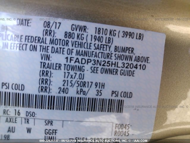 1FADP3N25HL320410 - 2017 FORD FOCUS TITANIUM BEIGE photo 9