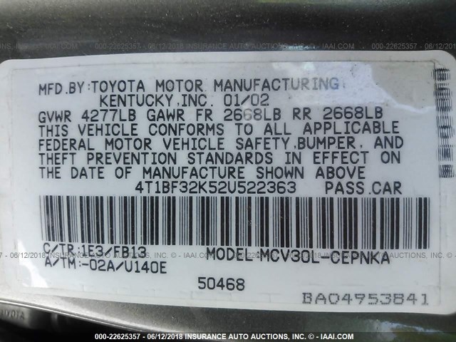 4T1BF32K52U522363 - 2002 TOYOTA CAMRY LE/XLE/SE ფერფლისფერი ფოტო 9