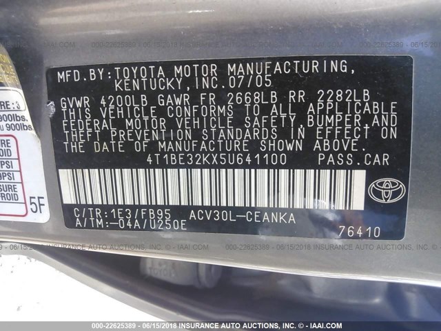 4T1BE32KX5U641100 - 2005 TOYOTA CAMRY LE/XLE/SE Boz foto 9