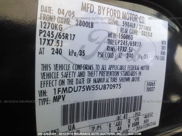 1FMDU75W55UB70975 - 2005 FORD EXPLORER LIMITED 黑色 照片 9