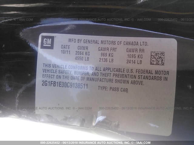 2G1FB1E30C9138511 - 2012 CHEVROLET CAMARO LT BLACK photo 9