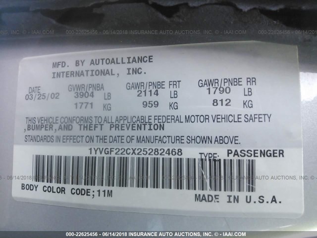 1YVGF22CX25282468 - 2002 MAZDA 626 LX SILVER photo 9