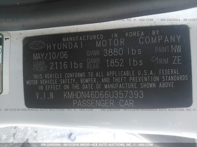 KMHDN46D66U357393 - 2006 HYUNDAI ELANTRA GLS/GT/LIMITED WHITE photo 9