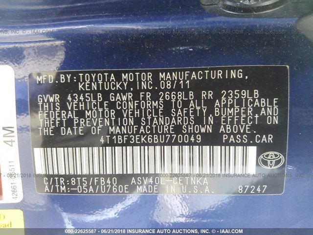 4T1BF3EK6BU770049 - 2011 TOYOTA CAMRY SE/LE/XLE BLUE photo 9
