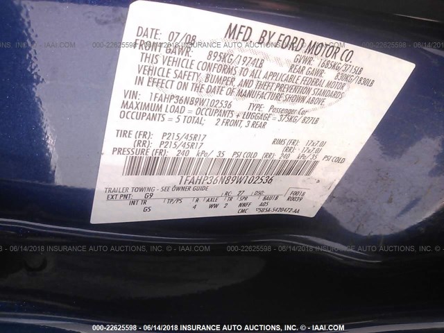 1FAHP36N89W102536 - 2009 FORD FOCUS SES Dark Blue photo 9