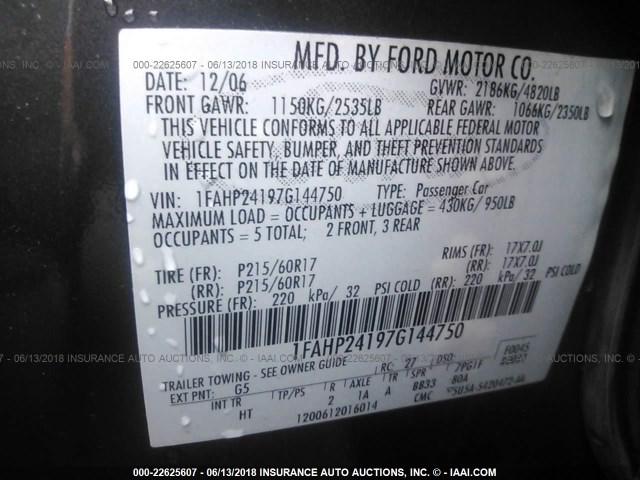 1FAHP24197G144750 - 2007 FORD FIVE HUNDRED SEL GRAY photo 9