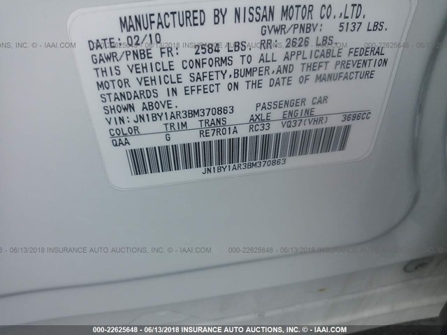 JN1BY1AR3BM370863 - 2011 INFINITI M37 X WHITE photo 9