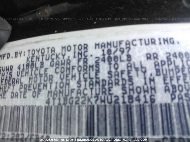 4T1BG22K7WU218416 - 1998 TOYOTA CAMRY CE/LE/XLE 黑色 照片 9