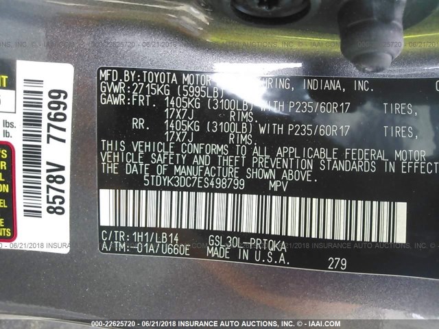 5TDYK3DC7ES498799 - 2014 TOYOTA SIENNA XLE/LIMITED GRAY photo 9