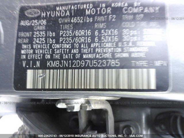 KM8JN12D97U523785 - 2007 HYUNDAI TUCSON SE/LIMITED GRAY photo 9