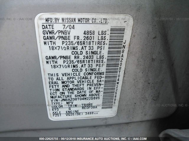 JN8AZ08T04W225695 - 2004 NISSAN MURANO SL/SE SILVER photo 9