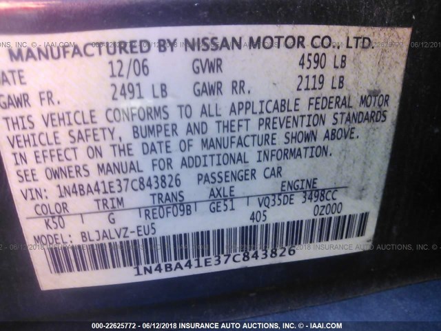 1N4BA41E37C843826 - 2007 NISSAN MAXIMA SE/SL GRAY photo 9