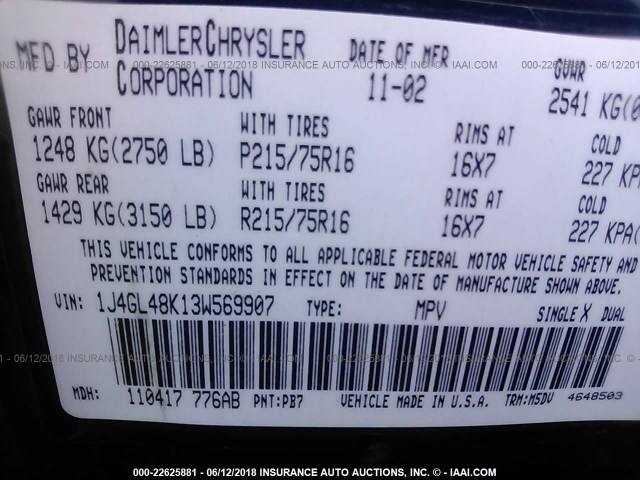 1J4GL48K13W569907 - 2003 JEEP LIBERTY SPORT/FREEDOM ლურჯი ფოტო 9