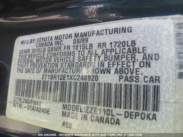 2T1BR12E1XC248920 - 1999 TOYOTA COROLLA VE/CE/LE 深蓝色 照片 9