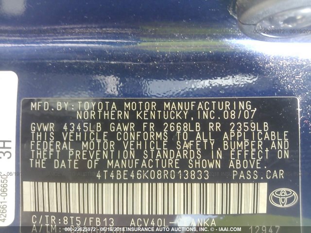 4T4BE46K08R013833 - 2008 TOYOTA CAMRY CE/LE/XLE/SE BLUE photo 9