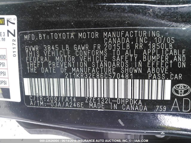 2T1KR32E86C570481 - 2006 TOYOTA COROLLA MATRIX XR BLACK photo 9
