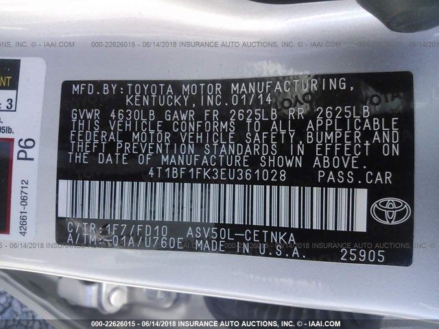 4T1BF1FK3EU361028 - 2014 TOYOTA CAMRY L/SE/LE/XLE ვერცხლისფერი ფოტო 9