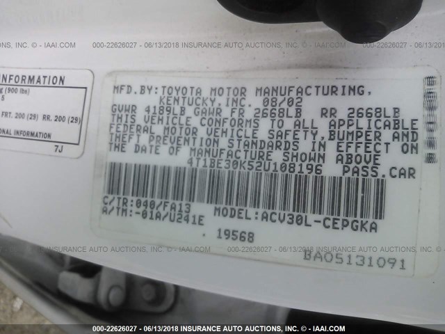 4T1BE30K52U108196 - 2002 TOYOTA CAMRY LE/XLE/SE თეთრი ფოტო 9